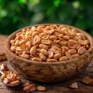 Amendoim com alho frito em tigela de madeira com fundo natural – Empório Naturelo