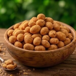 Amendoim crocante natural em tigela de madeira com fundo natural – Empório Naturelo