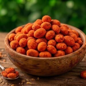 Amendoim crocante picante em tigela de madeira com fundo natural – Empório Naturelo