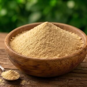 Ginseng em pó puro em tigela de madeira com fundo natural – Empório Naturelo